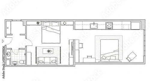 Compact Studio Apartment Floor Plan with Zoned Sleeping Area, Open Kitchen Wall and Furnished Interior CAD Layout