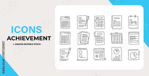 Handdrawn achievement and business icons collection for financial and accounting projects