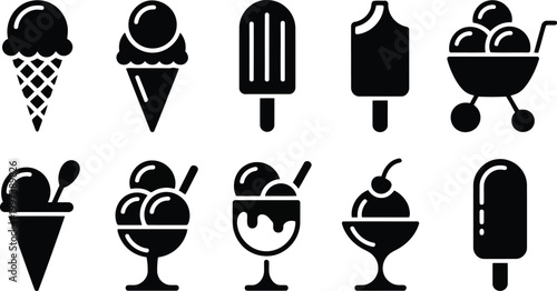 Graphic icon set of ice cream treats and frozen desserts for professional food industry design projects