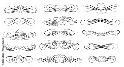 Ornate calligraphic flourishes and page dividers set in black line art for classic decorative borders and vintage design.