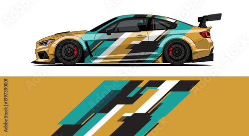 Vibrant teal and yellow racecar with bold livery speeding on a race track.