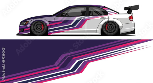 Bild auf Leinwand Side profile of a stylized race car with pink and purple racing stripes and bold graphic elements