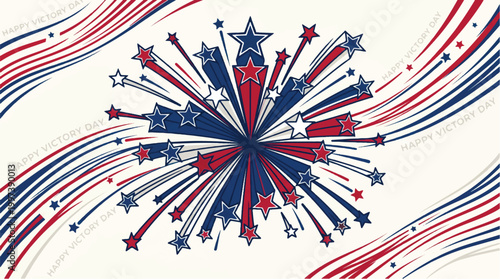 Patriotic independence day fireworks illustration featuring red white and blue star bursts and dynamic wavy lines for festive holiday celebration backgrounds