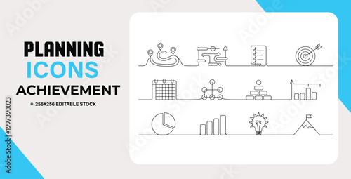 Handdrawn planning and achievement icons set for business and project management
