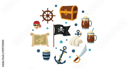 Pirate adventure icons in circular arrangement featuring treasure chest map flag anchor and sword for maritime game concept.
