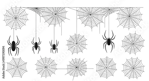 Set of black spider web designs and hanging spiders in various shapes and patterns isolated on a plain white background.