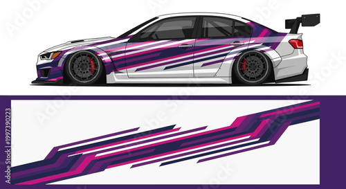 High-contrast purple and pink racing car with bold graphic stripes and sleek reflective livery.