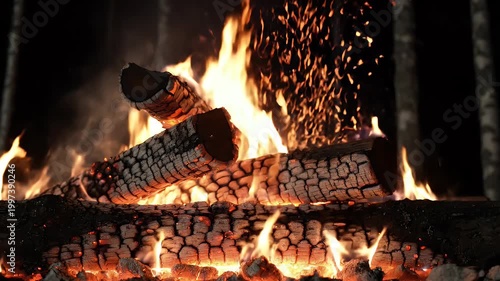 A warm glowing campfire with crackling wooden logs burning brightly in the night