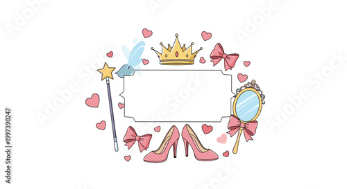 Magical princess themed frame with a central empty label surrounded by a crown, wand, shoes, mirror, bows, and hearts.