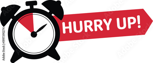 Graphic illustration of an alarm clock with a red banner and countdown symbol