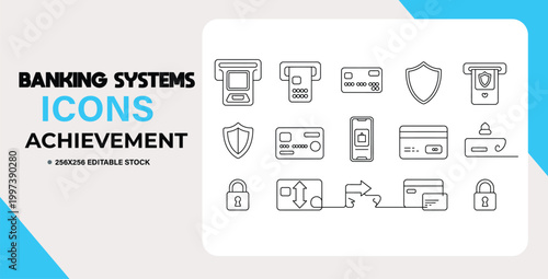 Modern banking systems and payment icons set for finance achievement illustration