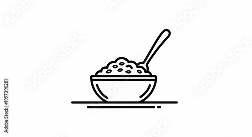 Black outline icon of a bowl filled with food and a spoon