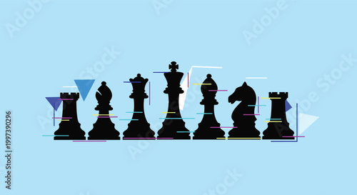 Silhouette of standard chess pieces arranged in a row with colorful abstract geometric shapes and glitch art effects.