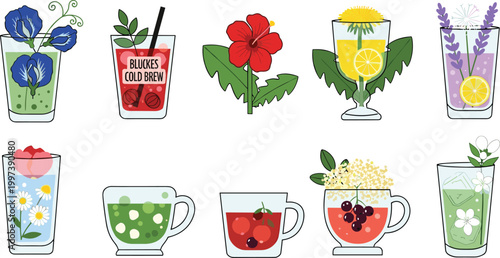 Floral and Herbal Infused Drink Icons Featuring Cold Brew, Lemonade, and Floral Teas for Digital and Web Design