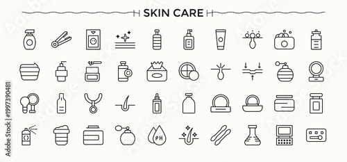 Set of Skin Care line icon. Pictograms of facial, face, care, dermatology, cosmetology and more. Icons for UI design. Cosmetology simple icon set. Pixel perfect. Vector illustration.