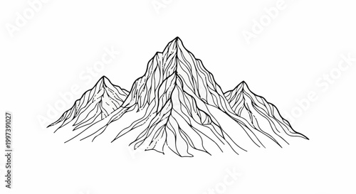 Black and white sketch of three majestic, jagged mountain peaks