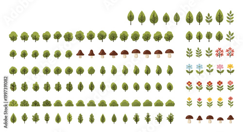 Extensive collection of pixel art nature elements like green trees, bushes, colorful mushrooms, and flowers for game design.