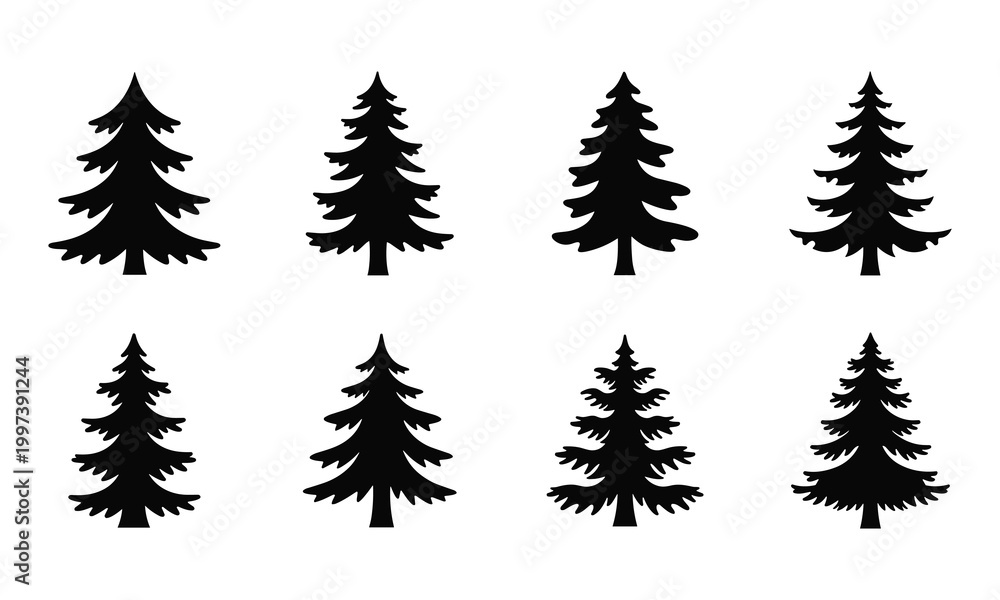 Fototapeta premium Christmas pine tree silhouettes collection of evergreen forest plants for winter design.