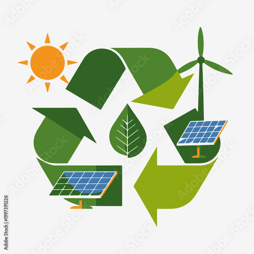A vibrant illustration showcasing renewable energy sources integrated within a powerful green recycling symbol, promoting environmental sustainability and eco-friendly practices worldwide.
