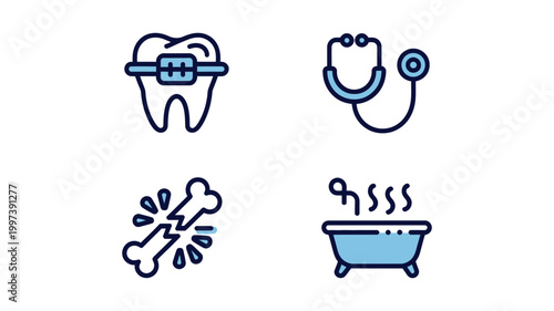 Medical and dental care icons: braces on tooth stethoscope broken bones hot bath with orthodontics, medicine