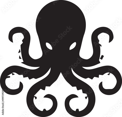 Black silhouette octopus icon with tentacles and wide eyes.