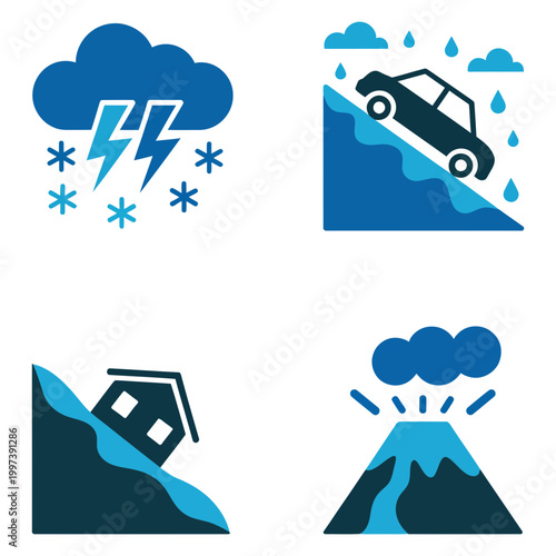 Natural disaster icons: snowstorm landslide with car house sliding volcano eruption disaster snowstorm