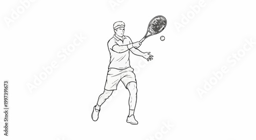 Black and white sketch of a male tennis player hitting a ball