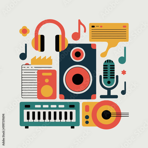 A vibrant collection of modern music equipment and instruments including headphones, speakers, and a keyboard arranged for creative audio production.