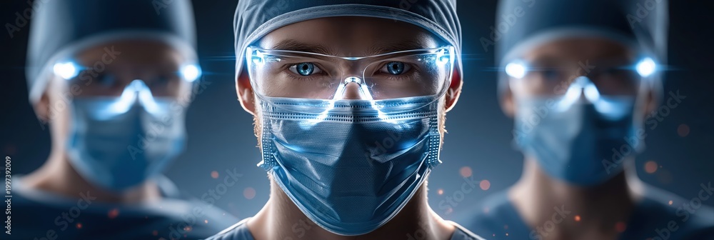 Fototapeta premium Close-up of a surgeon with glowing blue eyes wearing surgical mask and protective glasses, with colleagues in the background