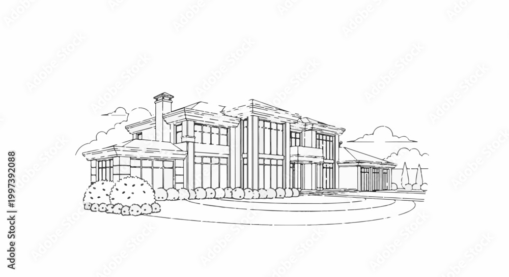 Fototapeta premium Architectural sketch of a large, modern house with manicured landscaping