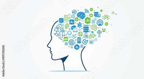 Abstract profile of head filled with technology and AI icons