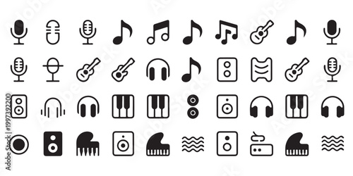 Music and audio equipment icon set in flat line art