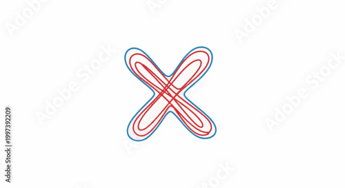 Abstract red scribbles inside a stylized blue cross shape