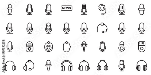 Comprehensive Audio and Broadcasting Line Icon Set with Microphones Headphones and News Symbols