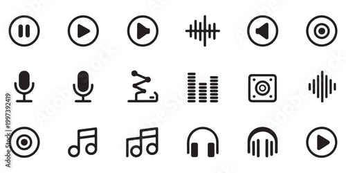 Audio and media control icons for digital interfaces and streaming