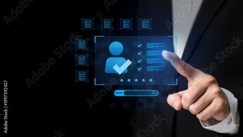 Digital Verification: A person interacts with a futuristic digital interface, confirming a profile identity, suggesting innovation, security and technology.