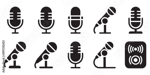 Set of microphone icons for audio and podcasting