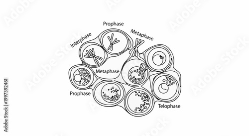 Biological cell division stages, illustrated with diagrams of chromosomes
