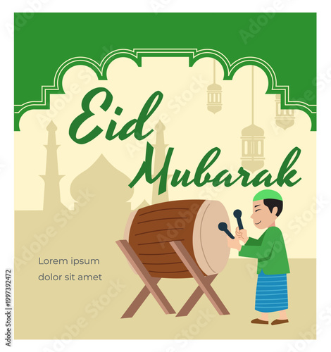  Eid Mubarak banner with copy space, featuring smiling Muslim kids characters, bedug decorations, and mosque, green and cream colour.