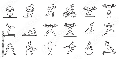 Fitness and exercise outline icons for health and gym activities