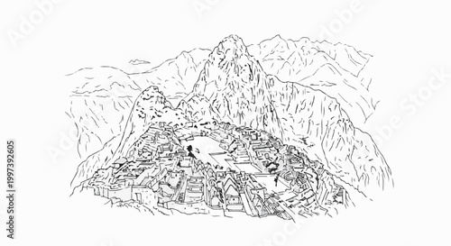 Black and white sketch of an ancient mountaintop citadel surrounded by rugged peaks