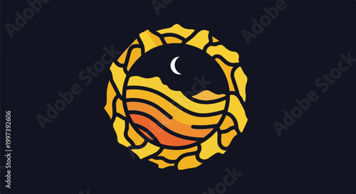 Abstract sun, moon, and desert landscape in circular frame
