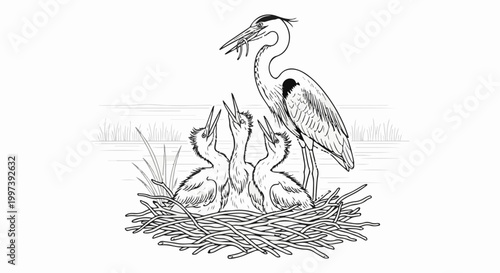 Bird parent feeds babies in nest near water with reeds