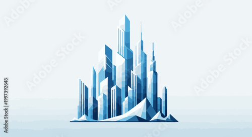 Abstract geometric cityscape with sharp, angular blue and white buildings