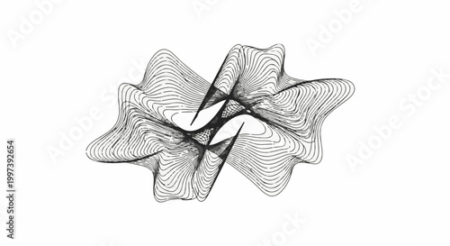 Abstract swirling lines form a dynamic, dark, central shape on a white background