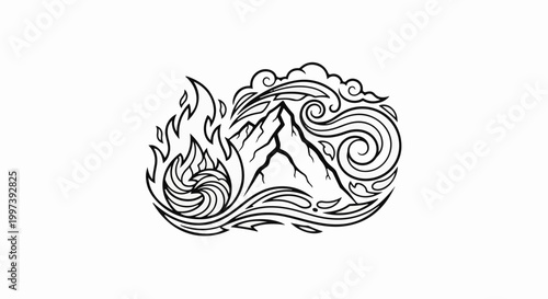 Abstract elemental design of a mountain with fire, water, and air elements