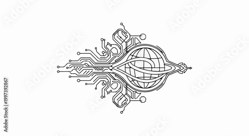 Abstract technological design featuring a globe intertwined with circuits and an eye