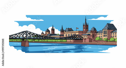 Artistic cityscape with a river, bridge, and historic buildings under a cloudy sky