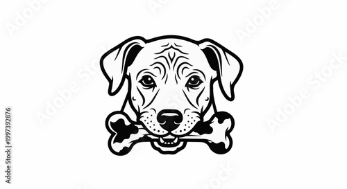 Black and white cartoon illustration of a dog's face holding a bone in its mouth