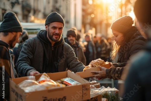 Volunteers distribute food to the homeless in urban sunlight